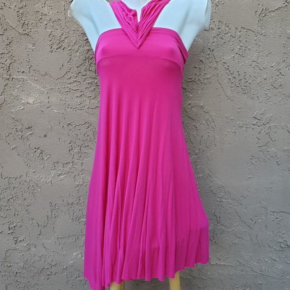 Elan Hot Pink Pleated V-Neck Midi Dress